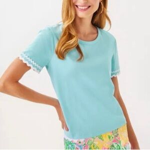 NWT Lilly Pulitzer S/S Clairmont Trimmed Knit Top Fresh Water Blue Med MSRP $68